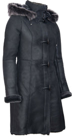 Womens Black Sheepskin Hooded Duffle Coat-Ottawa