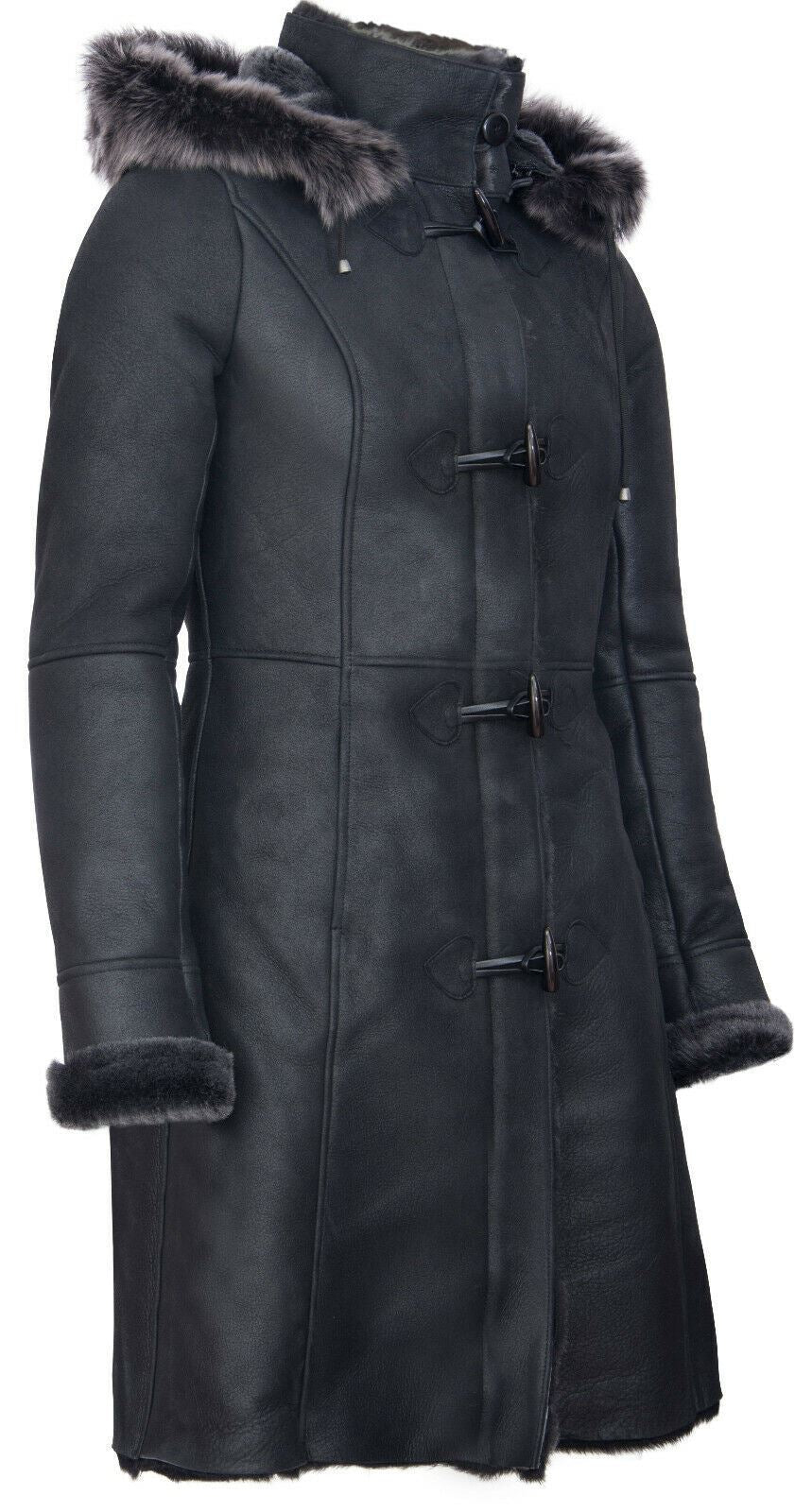 Womens Black Sheepskin Hooded Duffle Coat-Ottawa