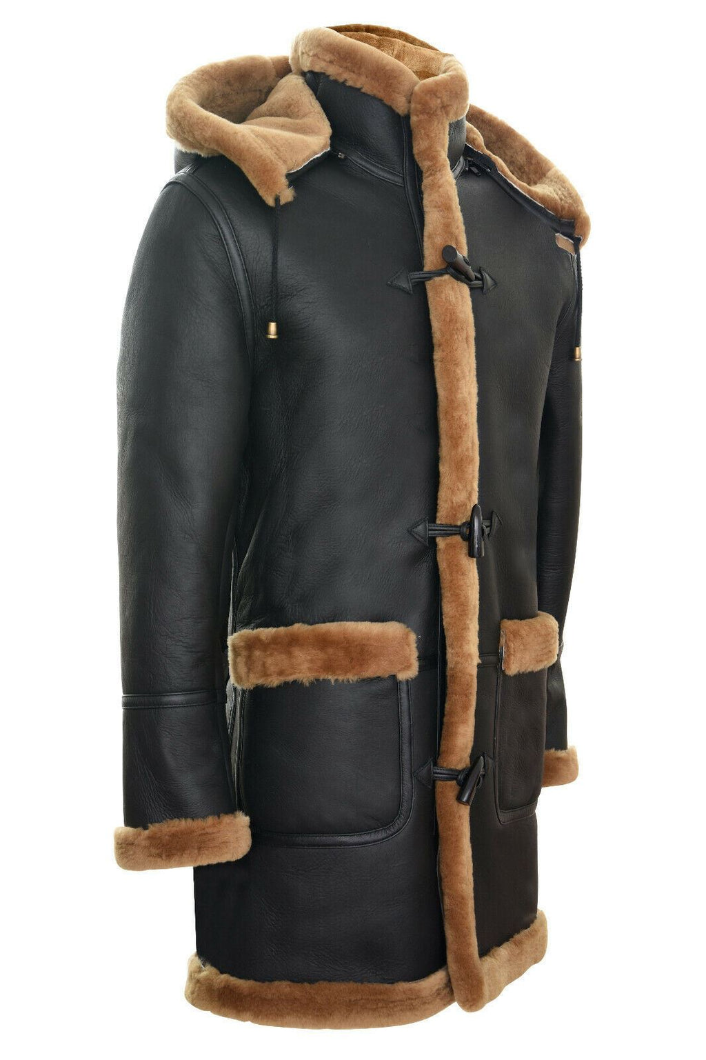 Mens Winter Sheepskin Hooded Duffle Coat-Helsinki