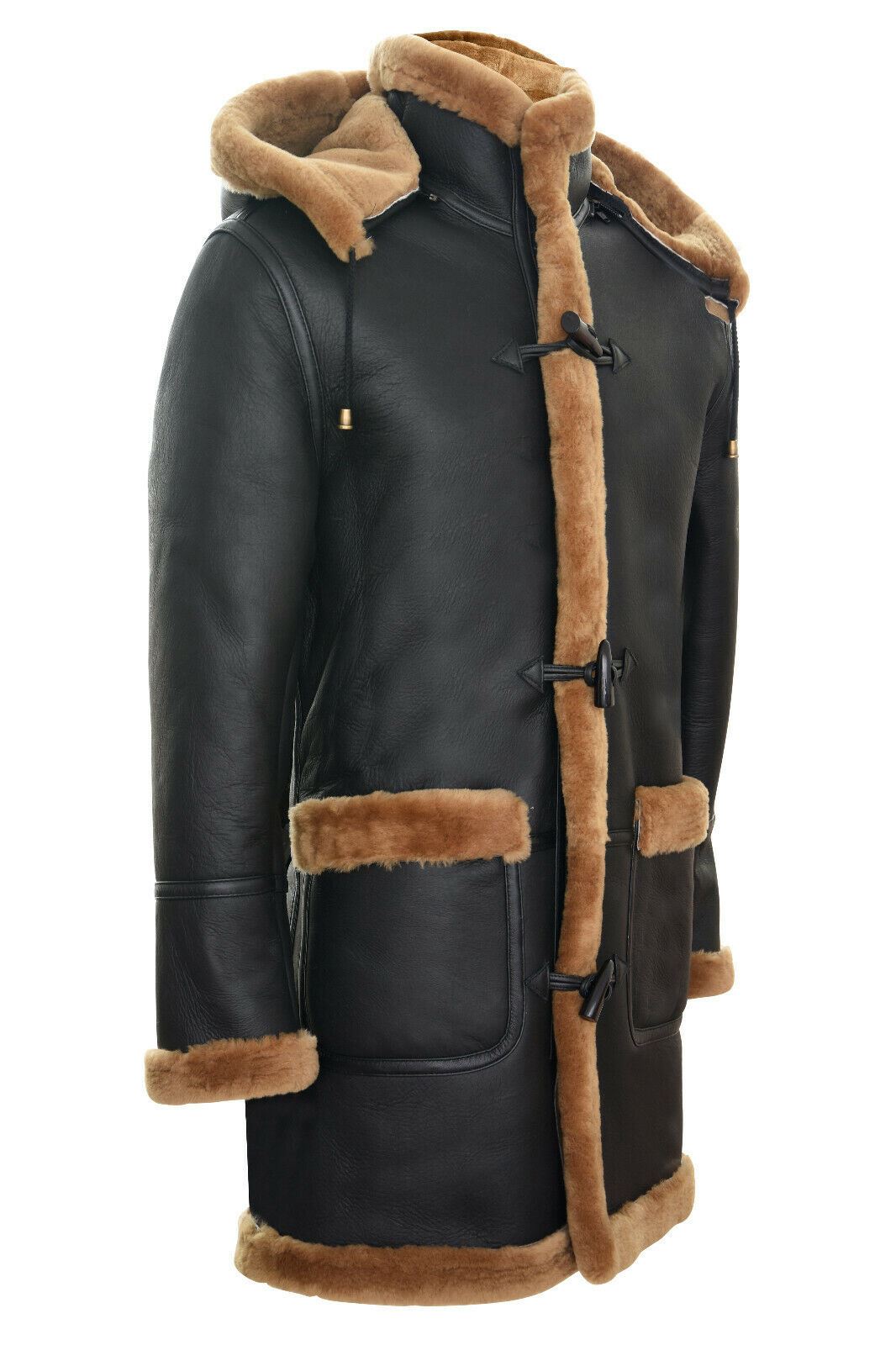 Mens Winter Sheepskin Hooded Duffle Coat-Helsinki