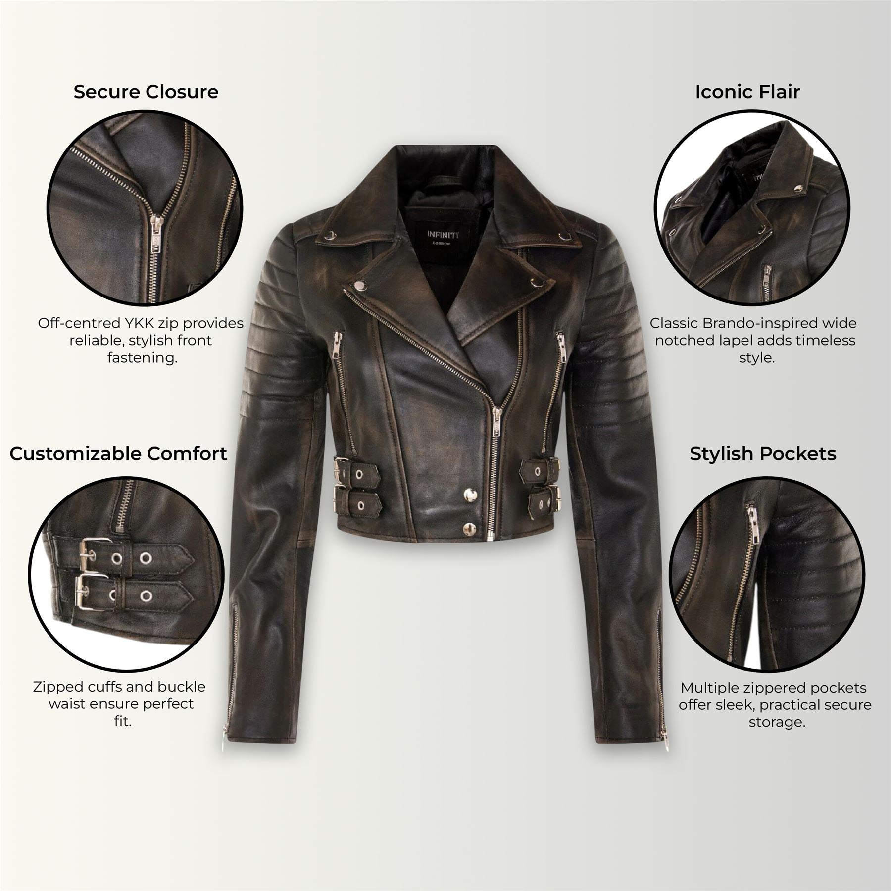 Womens Cropped Brando Leather Biker Jacket-Damascus