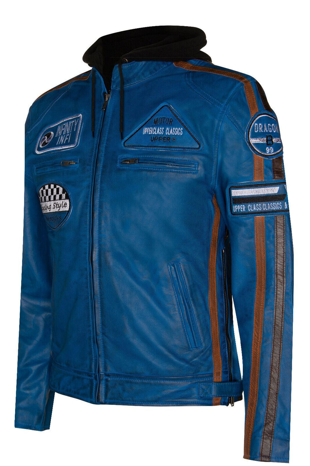 Mens Racing Hooded Leather Biker Jacket-Detroit