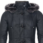 Womens Black Sheepskin Hooded Duffle Coat-Ottawa