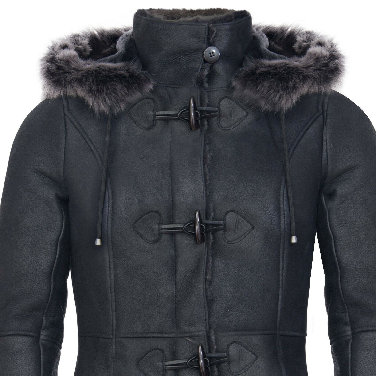 Womens Black Sheepskin Hooded Duffle Coat-Ottawa