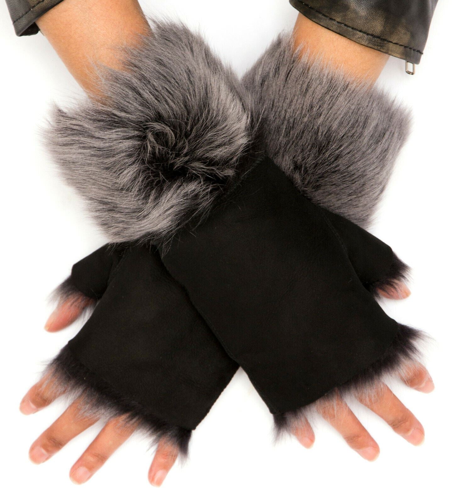 Womens Shearling  Mittens Fingerless Cuffs Toscana Suede Sheepskin Fur