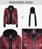 Women's Burgundy Leather Jacket with Removable Hood