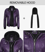 Women's Purple Real Leather Jacket with Removable Hood