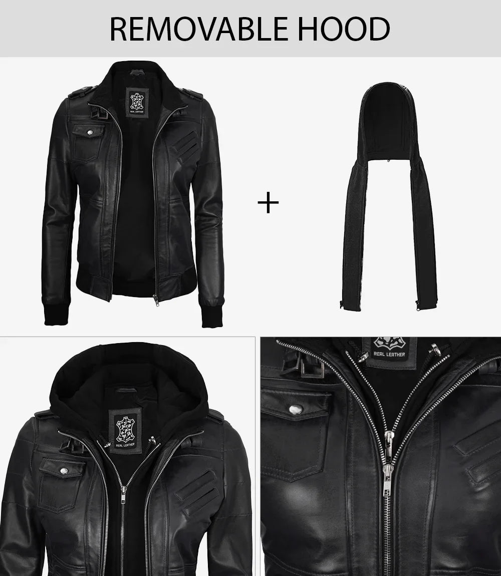 Petite Women's Bomber Black Leather Jacket with Removable Hood