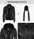 Petite Women's Bomber Black Leather Jacket with Removable Hood