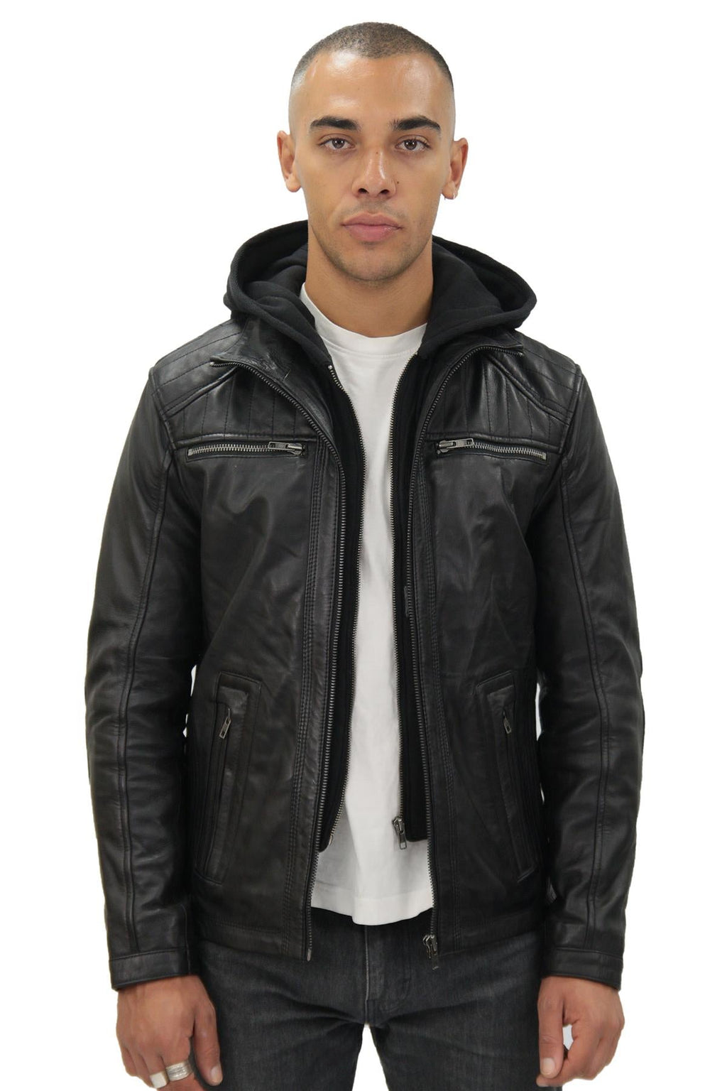 Mens Black Hooded Leather Biker Jacket-Salvador