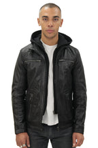 Mens Black Hooded Leather Biker Jacket-Salvador