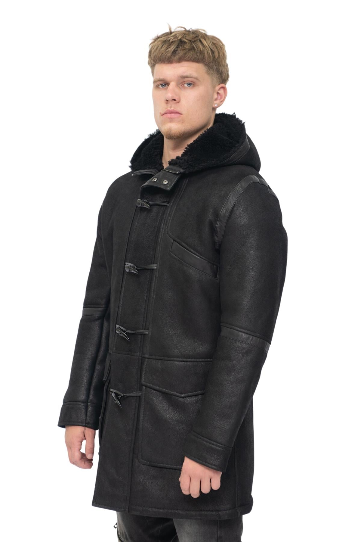 Mens Winter Sheepskin Leather Hooded Duffle Coat-Montpellier