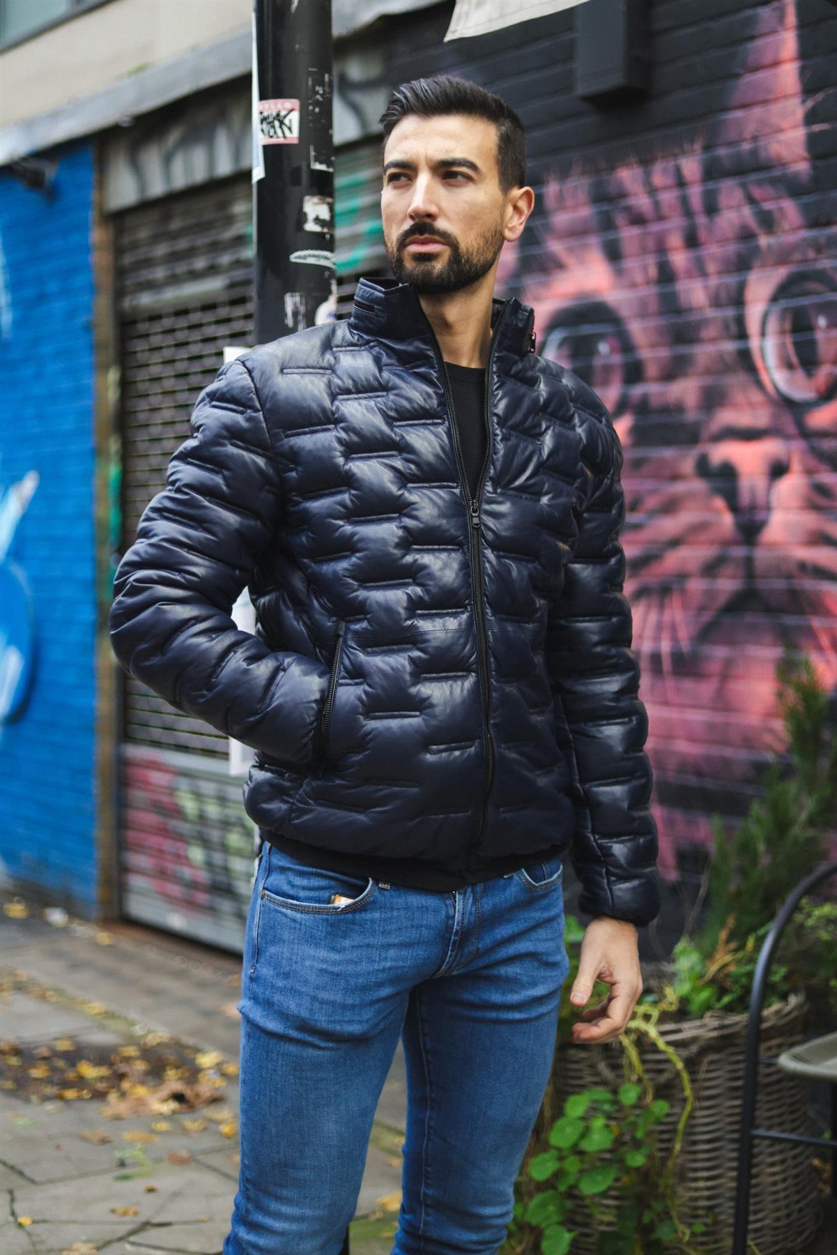 Mens Quilted Puffer Leather Bomber Jacket - Torpoint