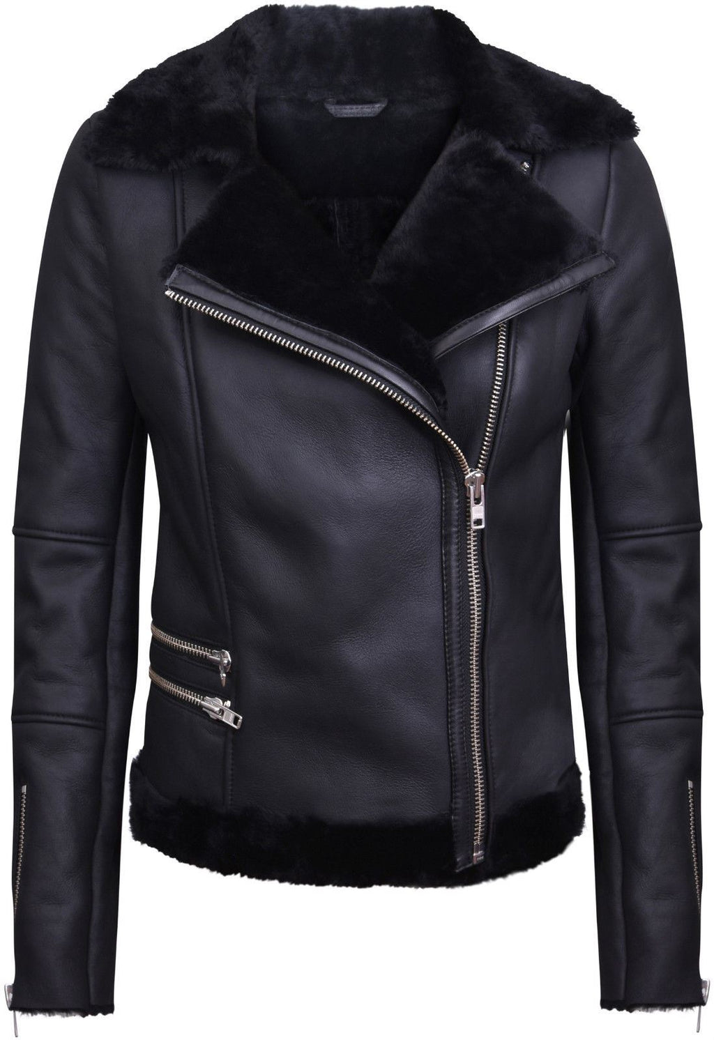 Womens Black Shearling Sheepskin Aviator Jacket-Kiev