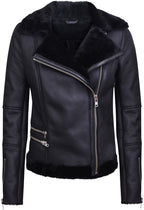 Womens Black Shearling Sheepskin Aviator Jacket-Kiev