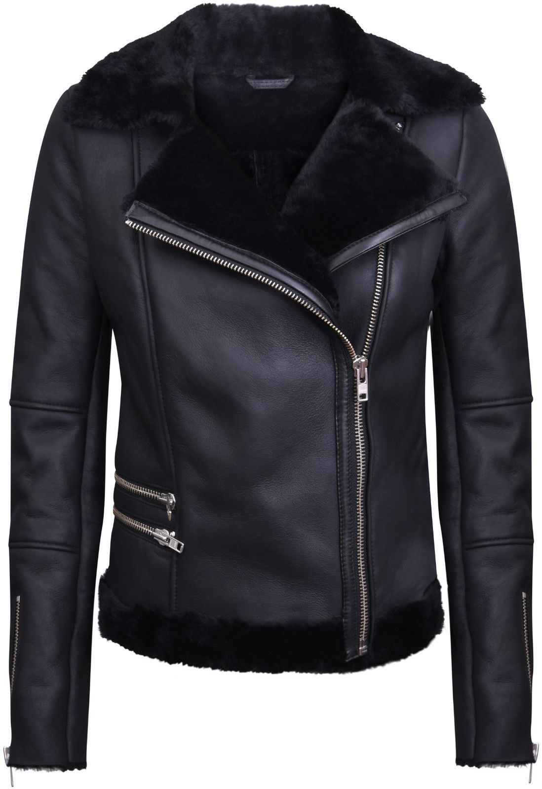 Womens Black Shearling Sheepskin Aviator Jacket-Kiev