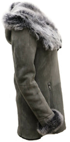 Womens Grey Suede Hooded Merino Sheepskin Coat-Monrovia