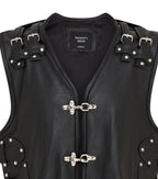 Men’s Black Biker Leather Waistcoat Metal Buckles Vest - Coolgardie