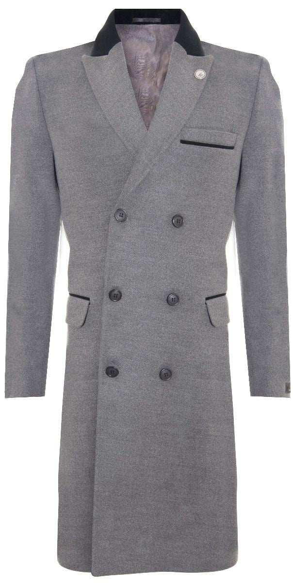 Mens 3/4 Long Double Breasted Grey Crombie Overcoat Wool Coat Peaky Blinders
