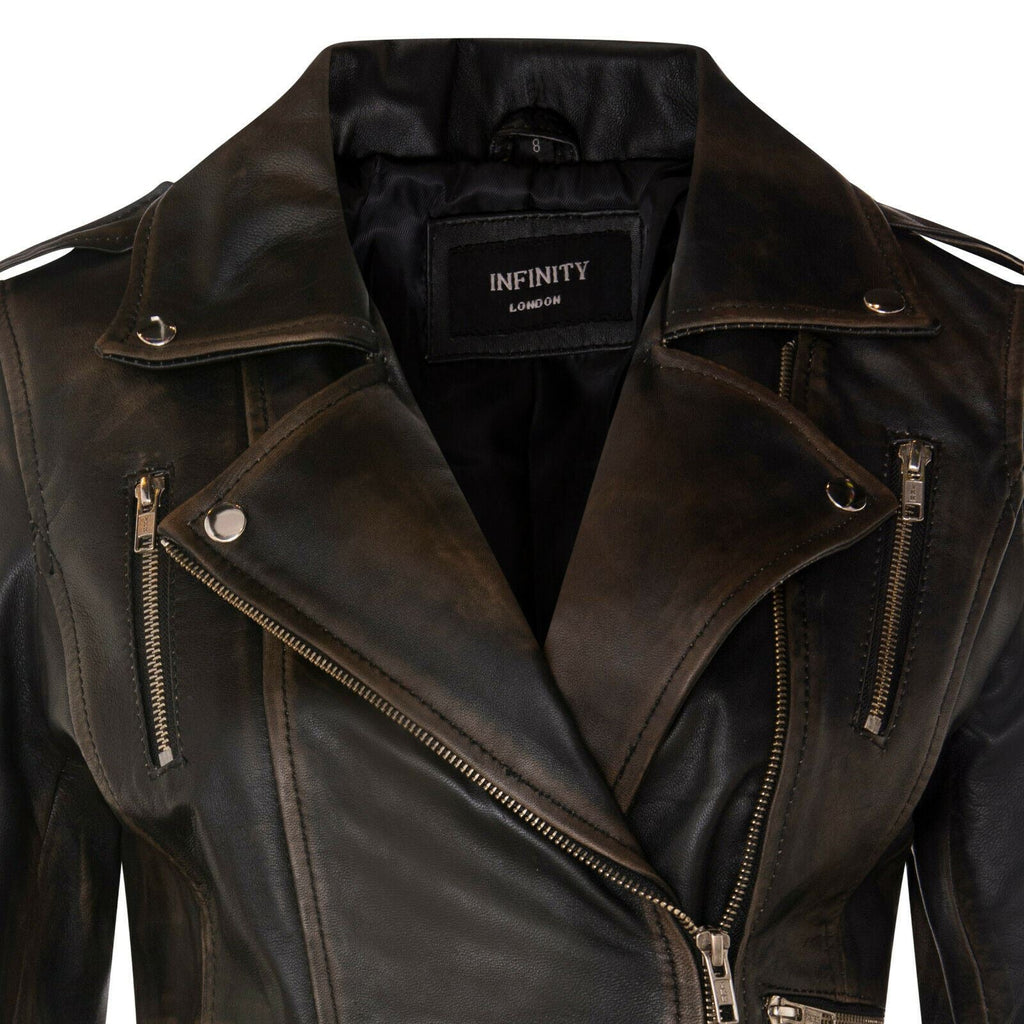 Womens Leather Brando Biker Jacket-Loddon