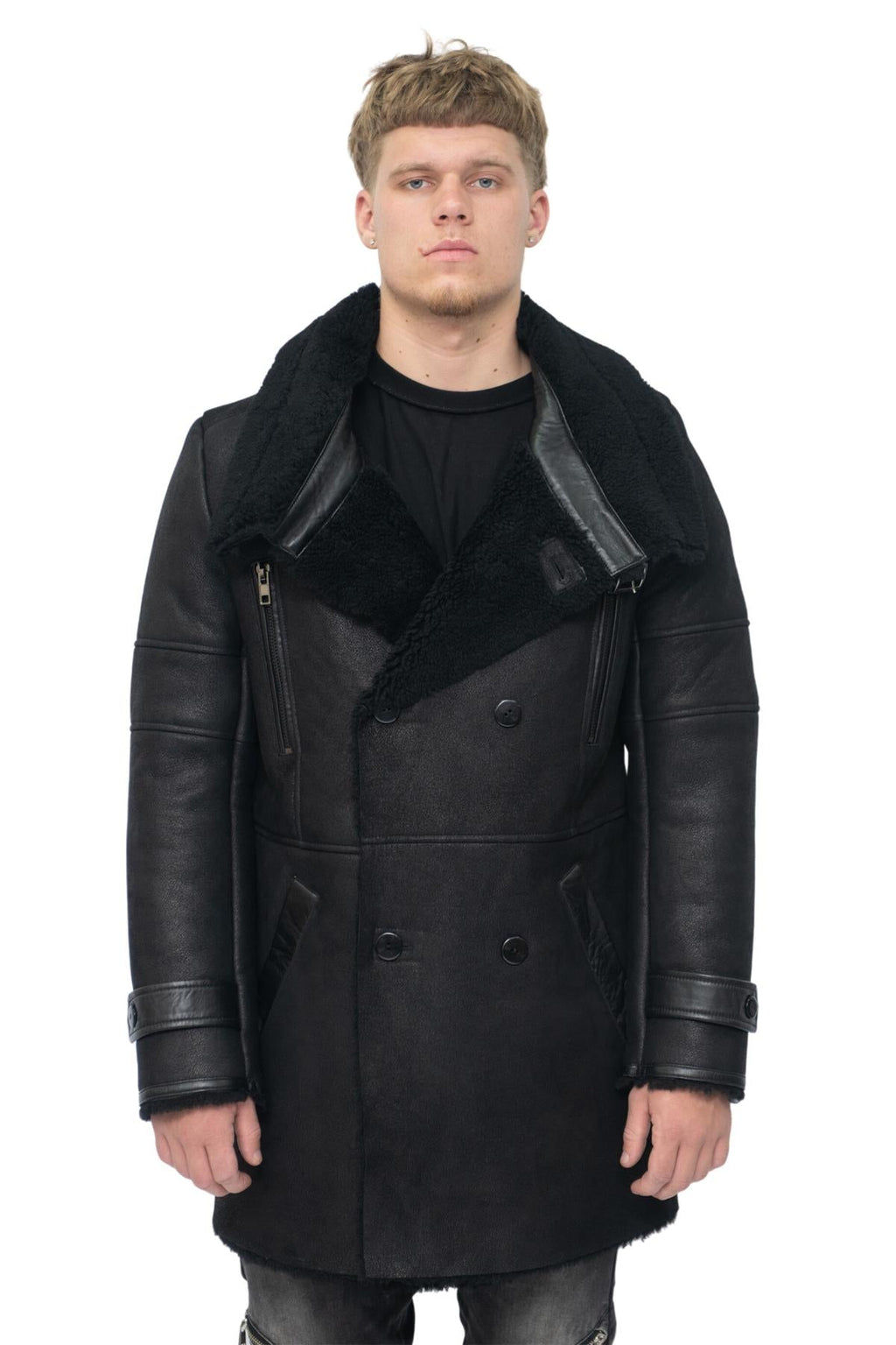 Mens Double Breasted Sheepskin Reefer Coat-Candon