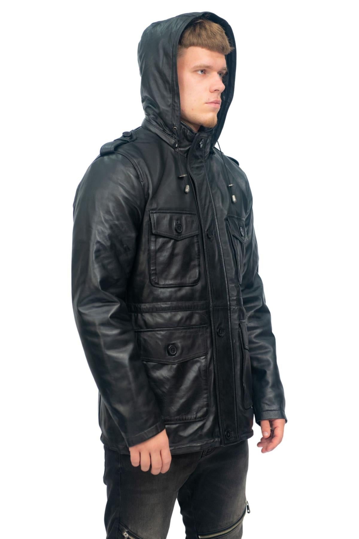 Mens Leather Hooded Trench Coat-Medellin