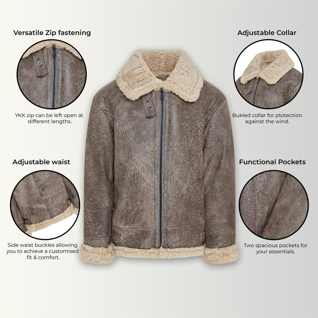 Mens B3 WW2 Sheepskin Leather Flying Aviator Jacket-Houston