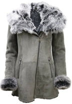 Womens Grey Suede Hooded Merino Sheepskin Coat-Monrovia