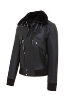Mens Black Leather Cowhide Aviator Bomber Jacket  - Akhiok
