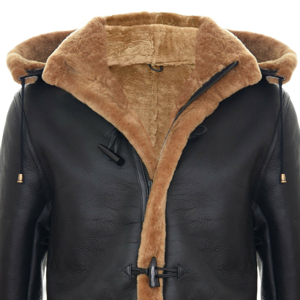 Mens Winter Sheepskin Hooded Duffle Coat-Helsinki