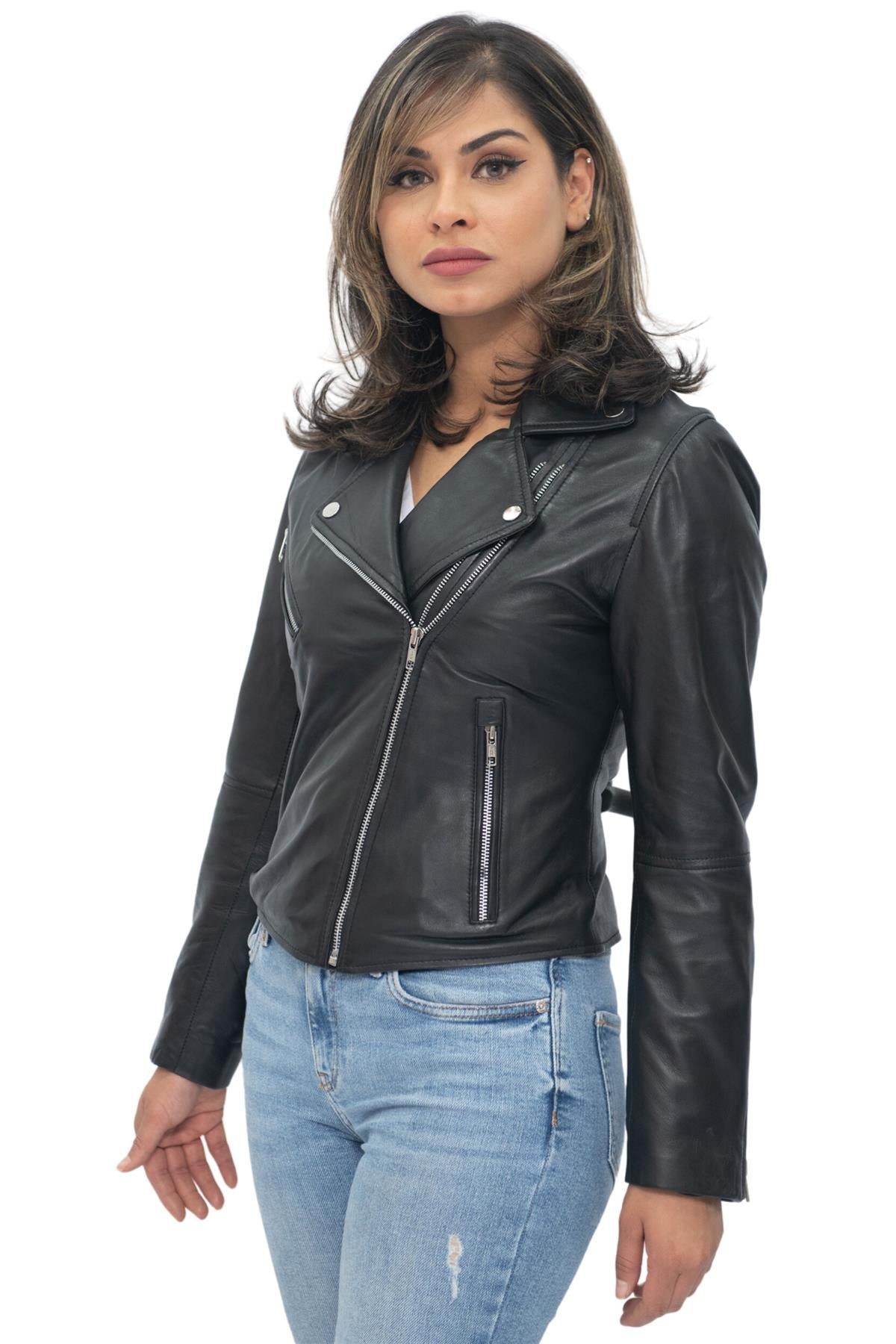 Womens Classic Red Nappa Leather Retro Biker Jacket-Bergen