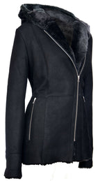 Womens Black Hooded Merino Sheepskin Jacket-Mandalay
