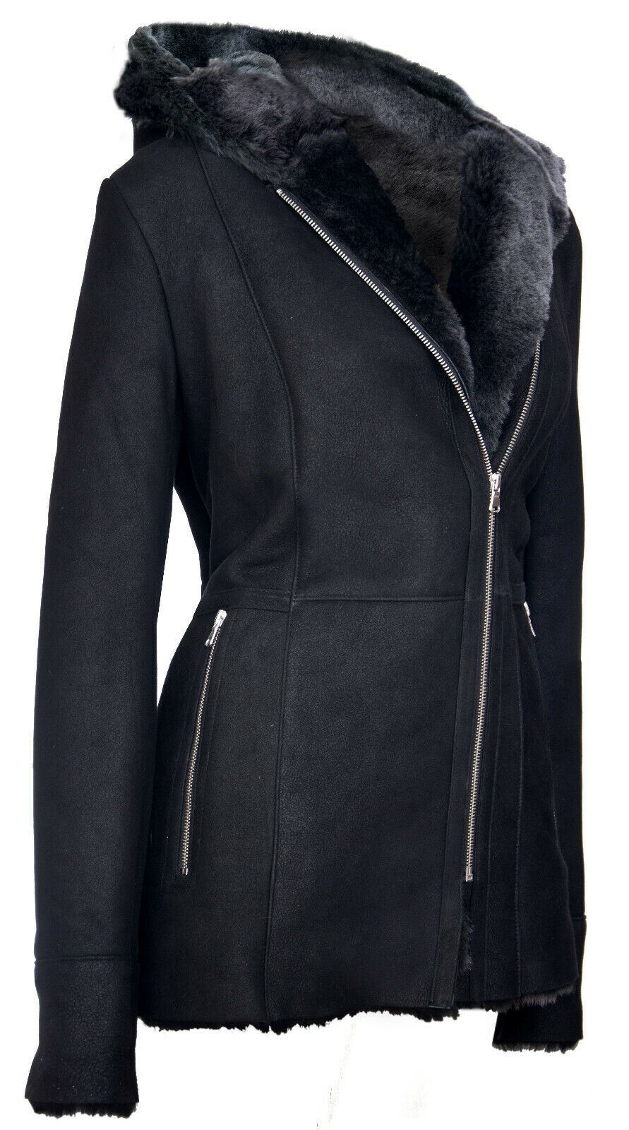 Womens Black Hooded Merino Sheepskin Jacket-Mandalay