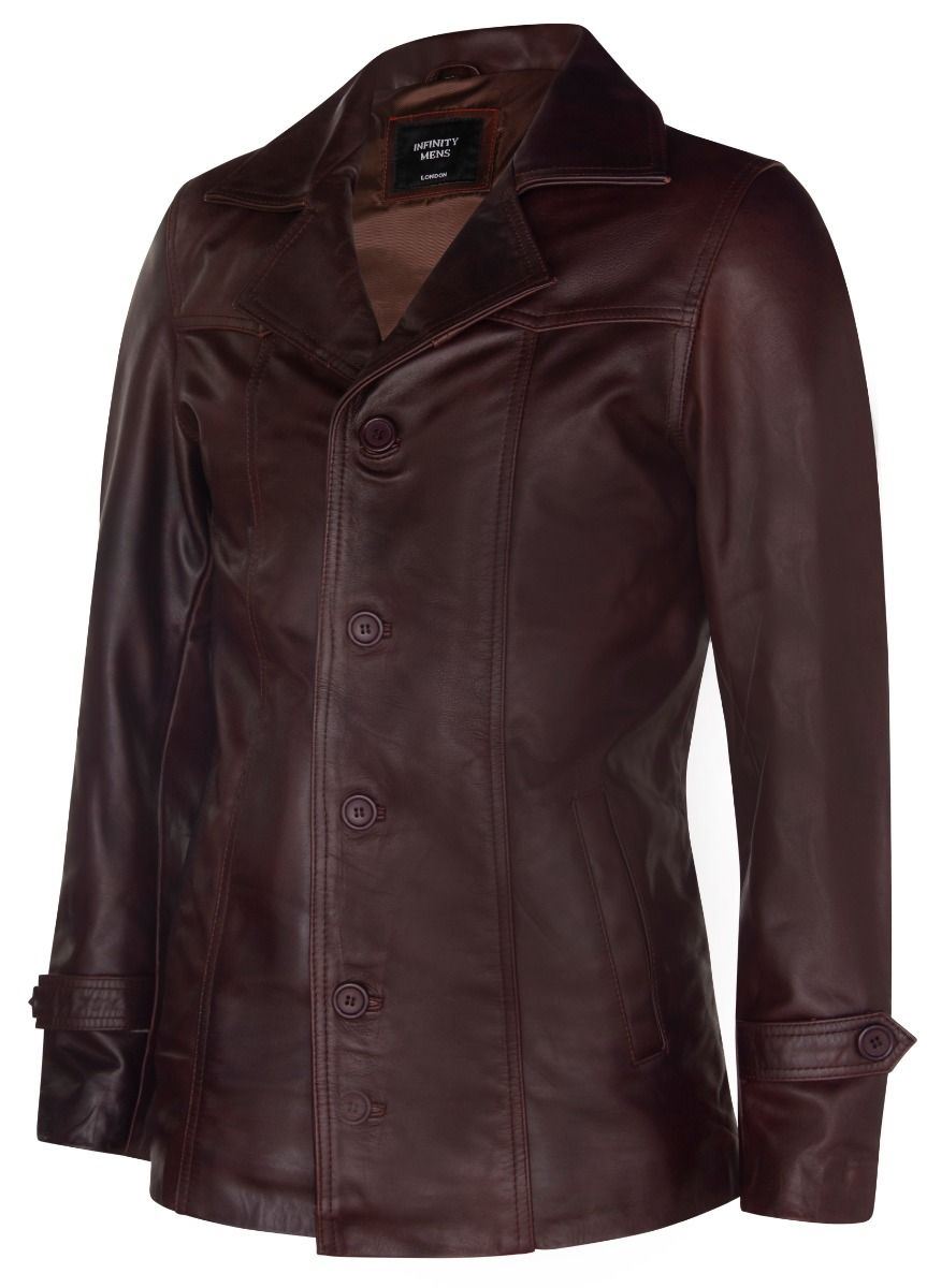 Men’s Brown Vintage Trench Style Crombie Leather Coat-Macau