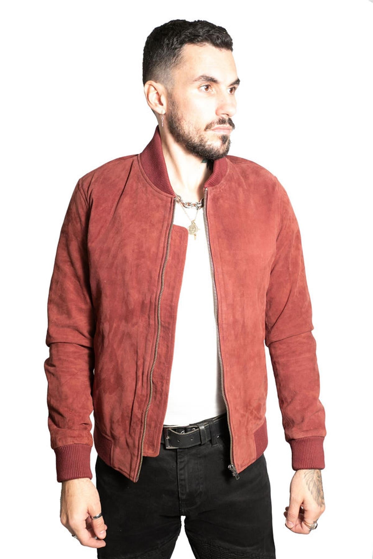 Mens Retro Goat Suede Varsity Leather Bomber Jacket-Athens
