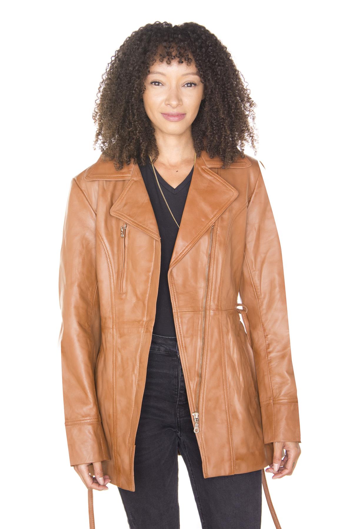 Womens Leather Long Biker Jacket-Muscat