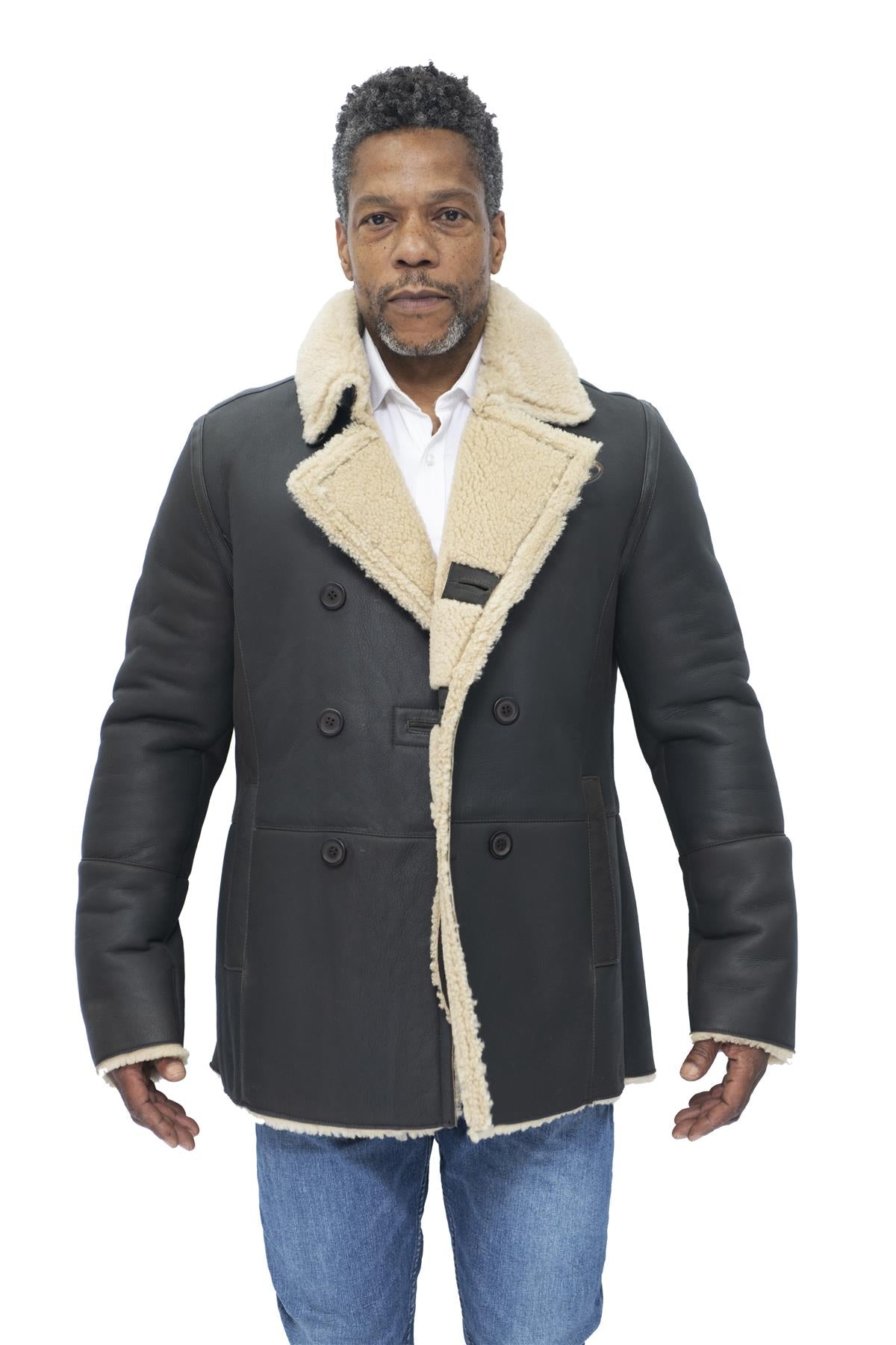 Mens Double Breasted Shearling Sheepskin Pea Coat-Valencia