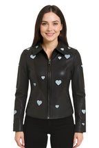 Women’s Black Leather Hearts Biker Jacket  - Wynyard