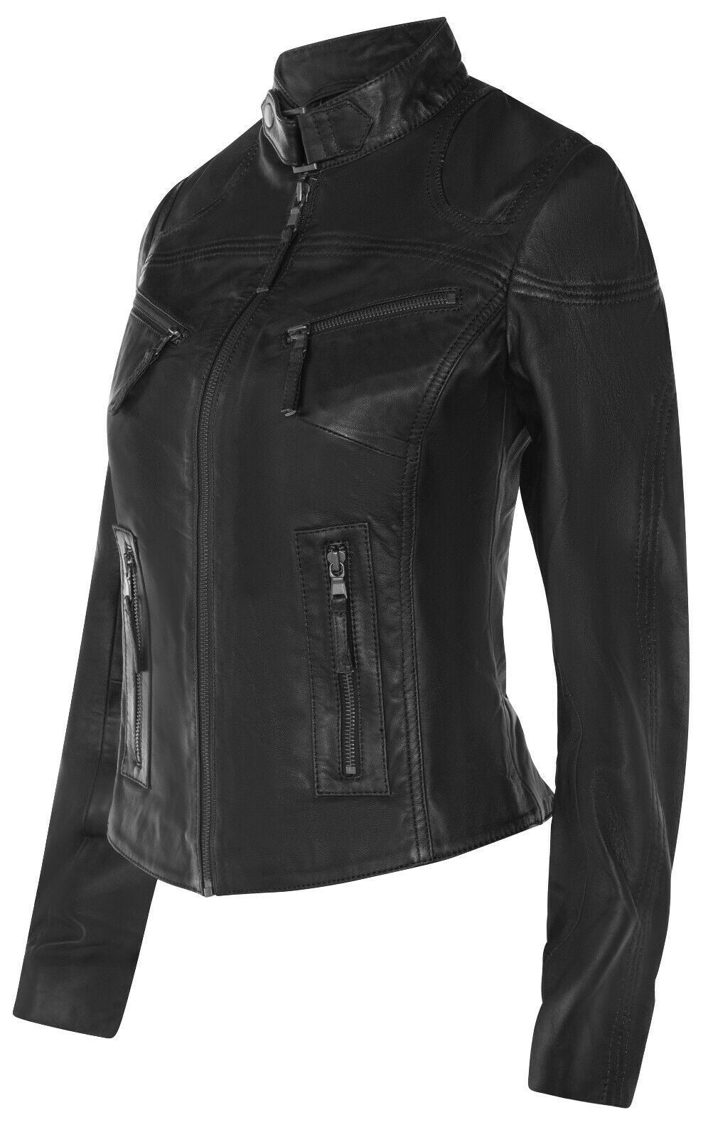 Womens Slim-Fit Leather Biker Jacket-Maldon