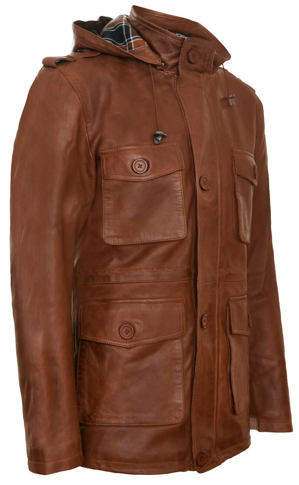 Mens Hooded Trench Multi-Pocket Overcoat Leather Jacket