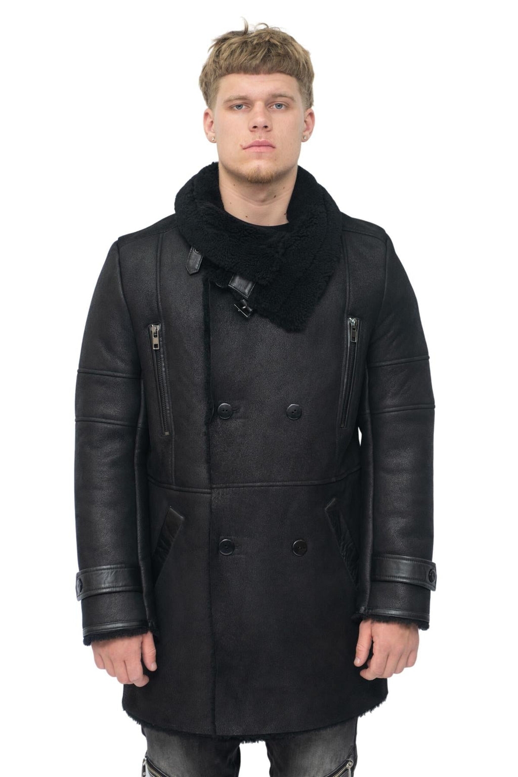Mens Double Breasted Sheepskin Reefer Coat-Candon