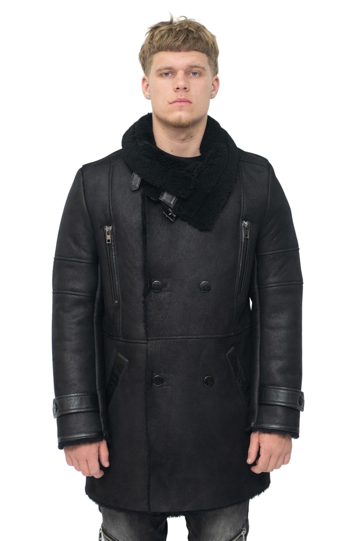 Mens Double Breasted Sheepskin Reefer Coat-Candon