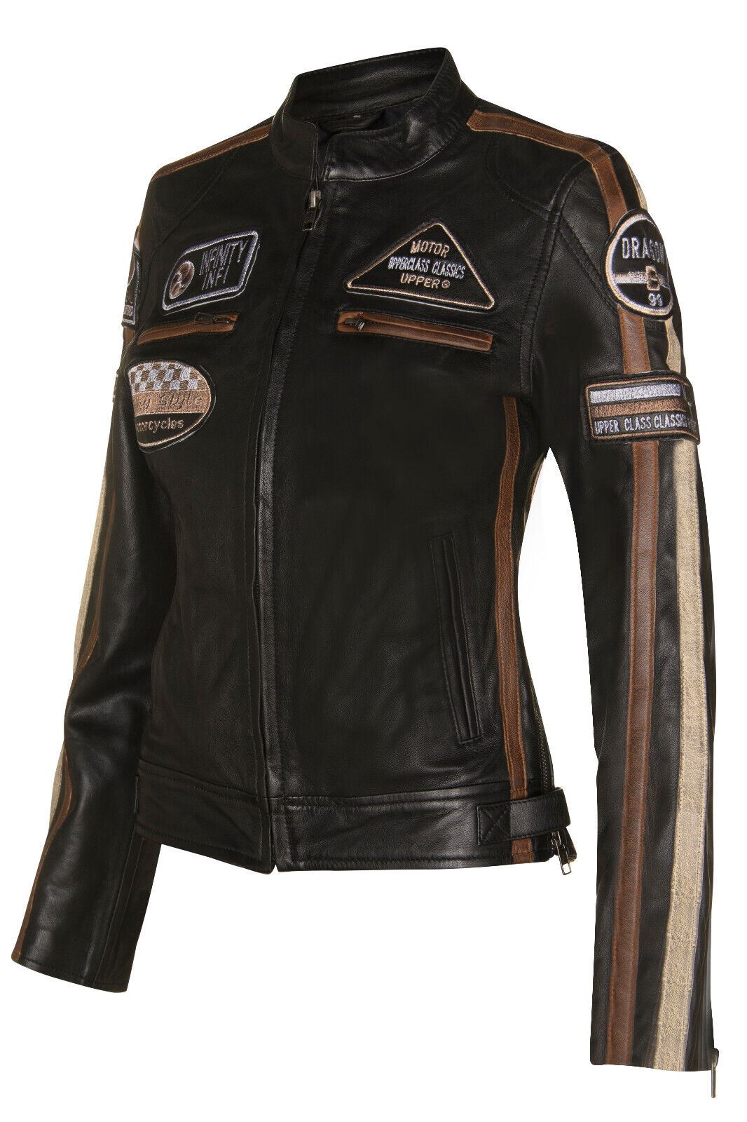 Womens Biker Racing Badges Leather Jacket-Eastleigh