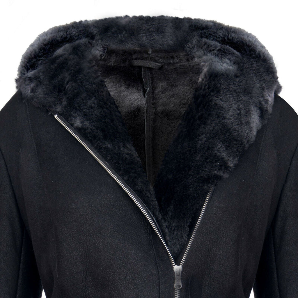 Womens Black Hooded Merino Sheepskin Jacket-Mandalay