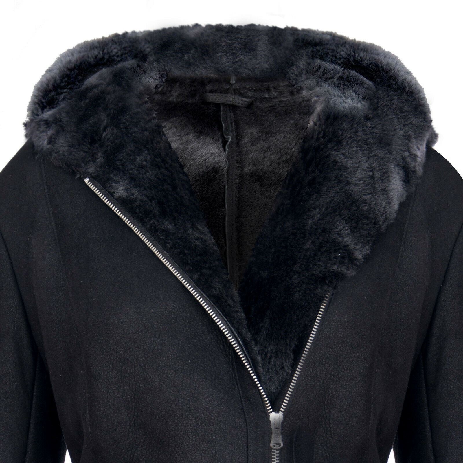 Womens Black Hooded Merino Sheepskin Jacket-Mandalay