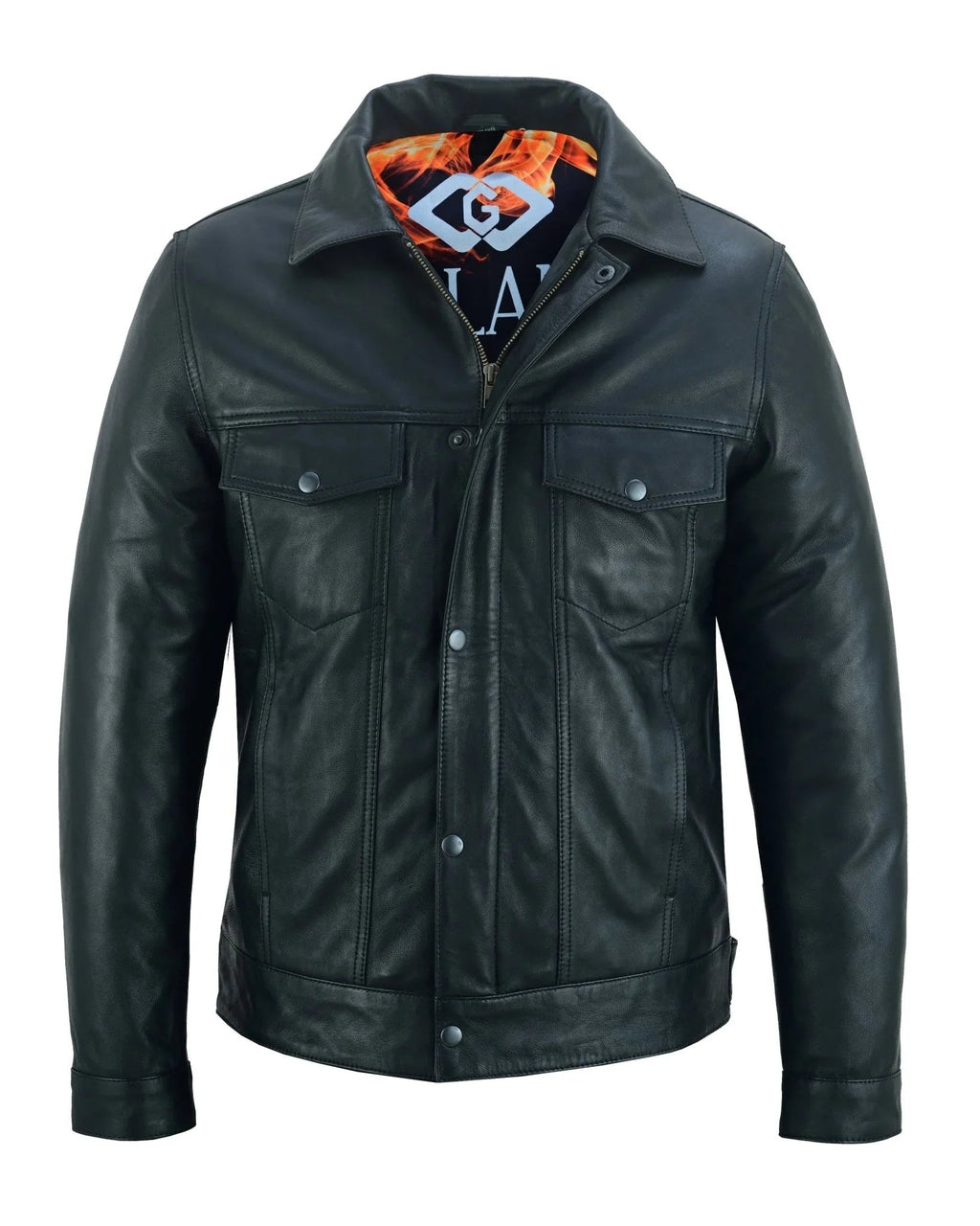 Fernando 's Classic Mens Black Leather Trucker Jacket with Zip and Snaps