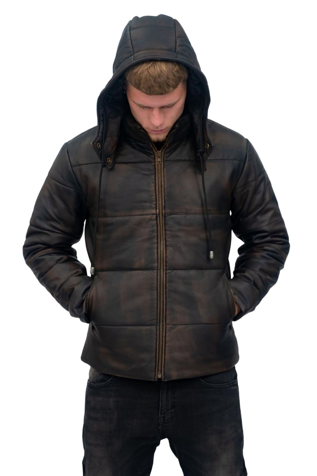 Mens Puffer Leather Bomber Jacket-Augsburg