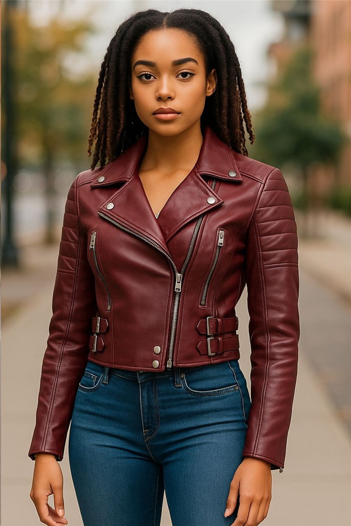 Womens Cropped Brando Leather Biker Jacket-Damascus