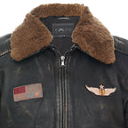 Mens Badged Vintage Black Leather Bomber Jacket-Tunis