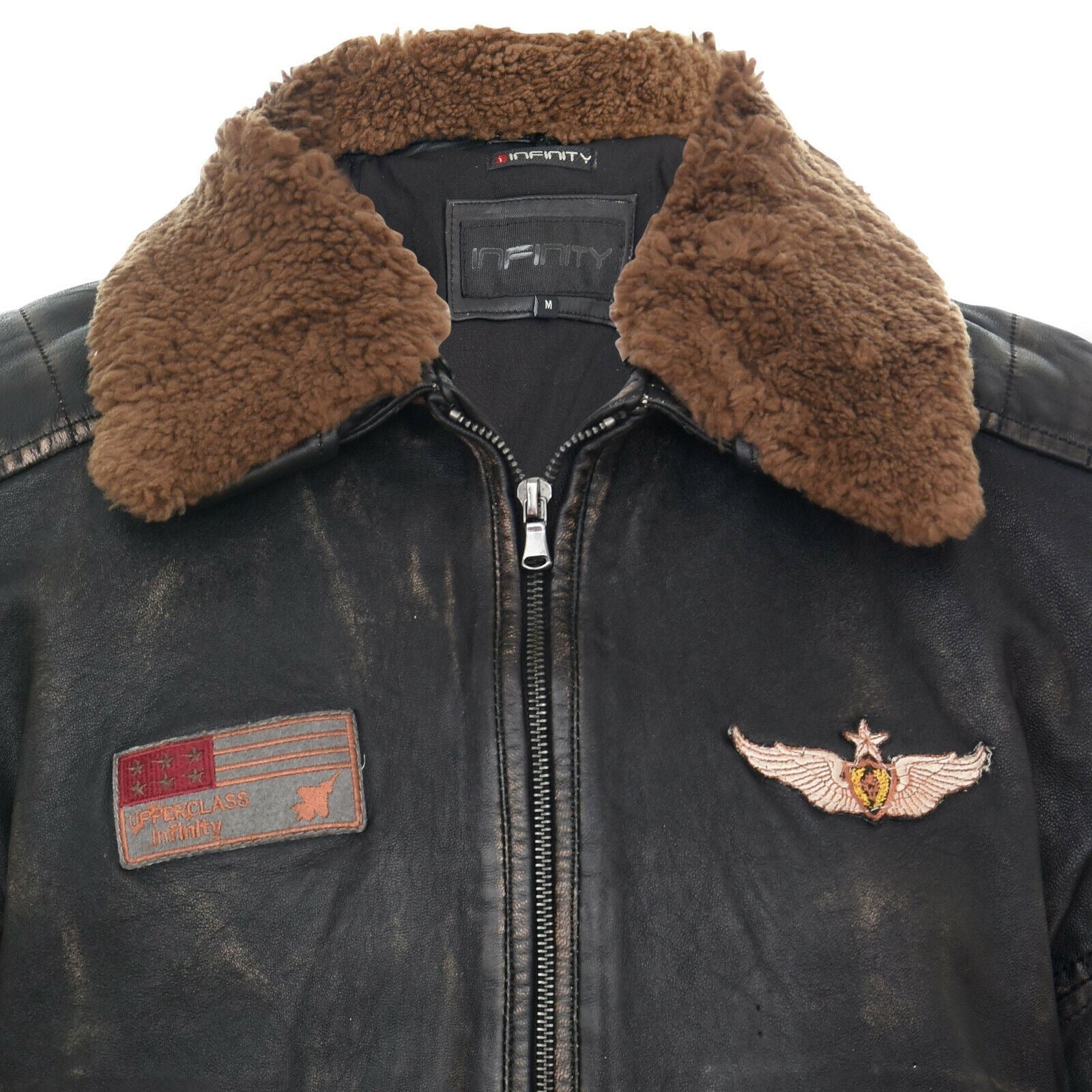 Mens Badged Vintage Black Leather Bomber Jacket-Tunis